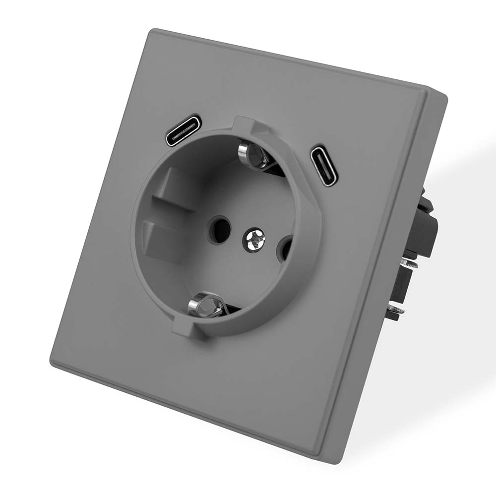 Фото Розетка электрическая, серая, 1 пост, USB-С, USB-С, с рамкой Vell Air {V702091}