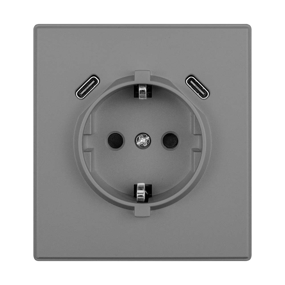 Фото Розетка электрическая, серая, 1 пост, USB-С, USB-С, с рамкой Vell Air {V702091} (1)