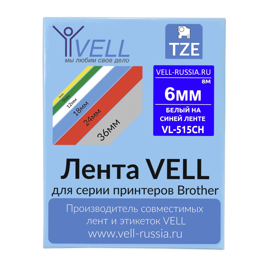 Фото Лента Vell VL-515CH (с чипом, 6 мм, белый на синем) для Puty PT-100E/100ECH/Brother D200/E110/ D600/E300/2700/ P700/E550/P900 {Vell-515CH}