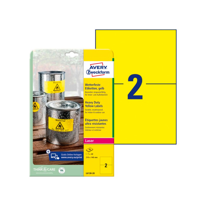 Фото Этикетки всепогодные, 210 x 148 мм, полиэстр, желтые,L+K, 40 шт./20 л. Avery Zweckform {L6130-20} (1)