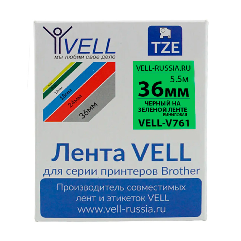 Фото Лента виниловая Vell V-761 (36 мм, черный на зеленом) для PT9700/P900W {Vell-V761}