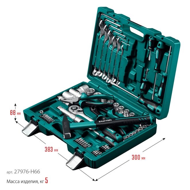Фото Универсальный набор инструмента KRAFTOOL EXTREM-66, 66 предметов, (1/2"+1/4"), KRAFTOOL {27976-H66_z01} (8)