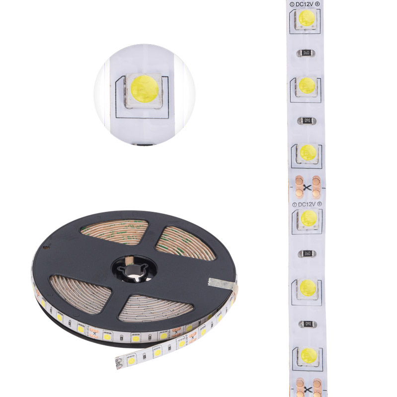 Фото Лента светодиодная 12В, SMD5050, 14,4Вт/м, 60 LED/м, 6500К, 10мм, 5м, для БП с клеммами, IP65 LAMPER {141-2027}