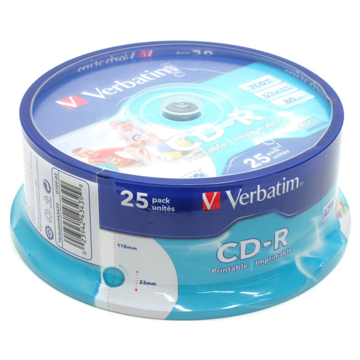 Фото Диск CD-R Verbatim 700 Mb, 52x, Cake Box (25), DL+, Printable (25/200) {43439}