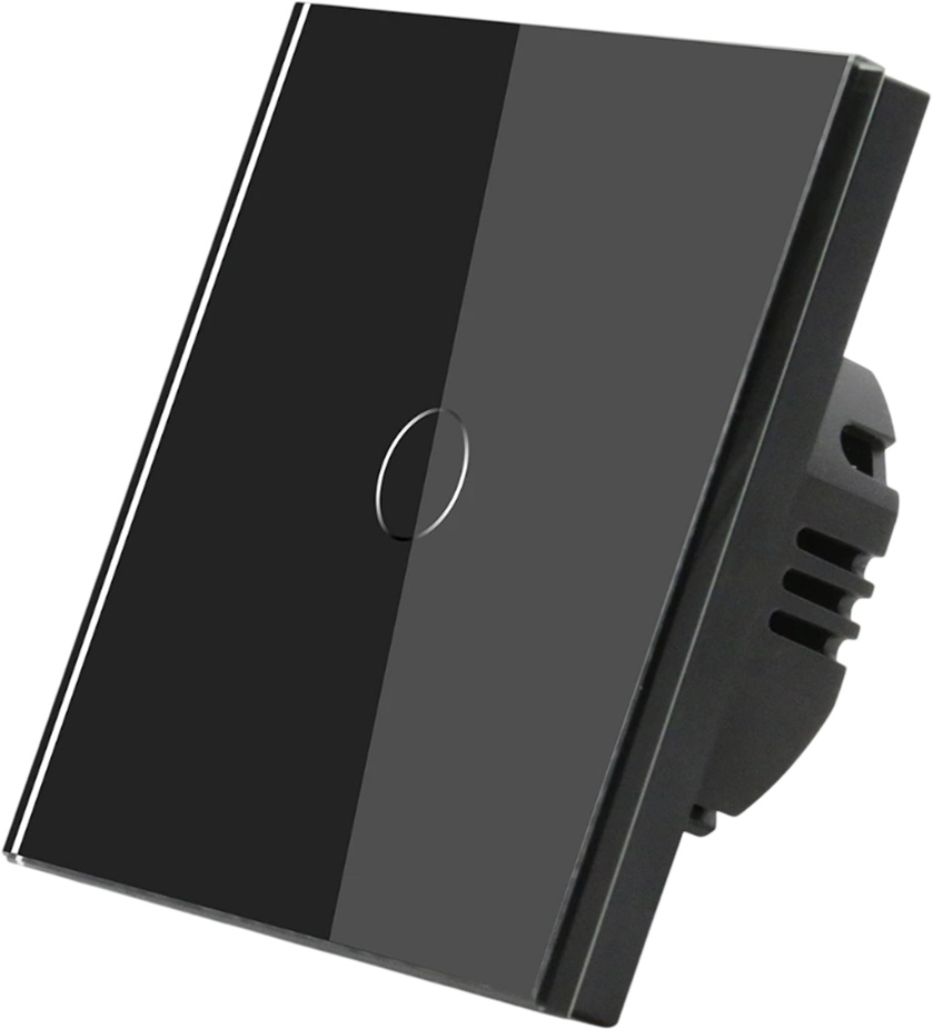 Фото Сенсорный выключатель черный, одноклавишный, 1 пост, стеклянная панель Vell {BK1P-1G}