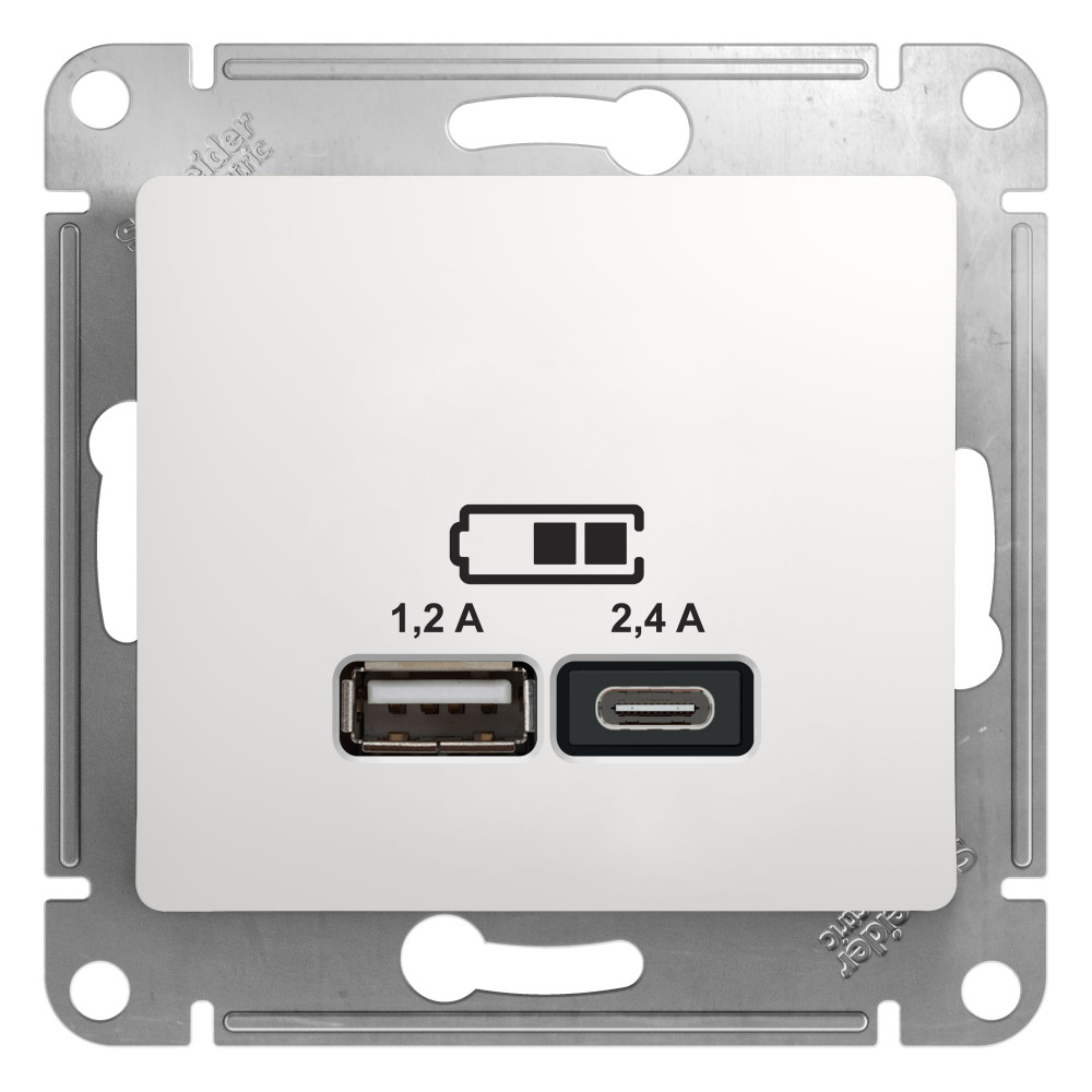 Фото USB розетка A+с GLOSSA, 5в/2,4 а, 2х5в/1,2 а, механизм, белый {GSL000139}