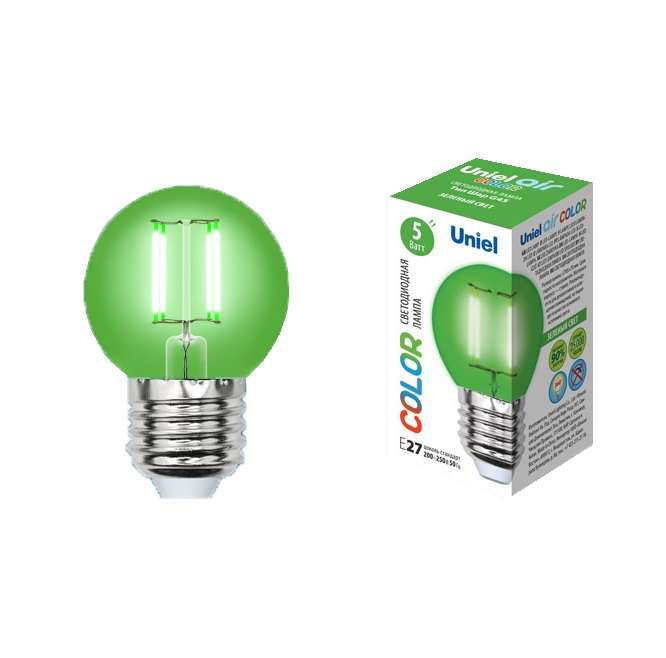 Фото Лампа светодиодная LED-G45-5W/GREEN/E27 GLA02GR форма "шар" Air color зел. упак. картон Uniel UL-00002988