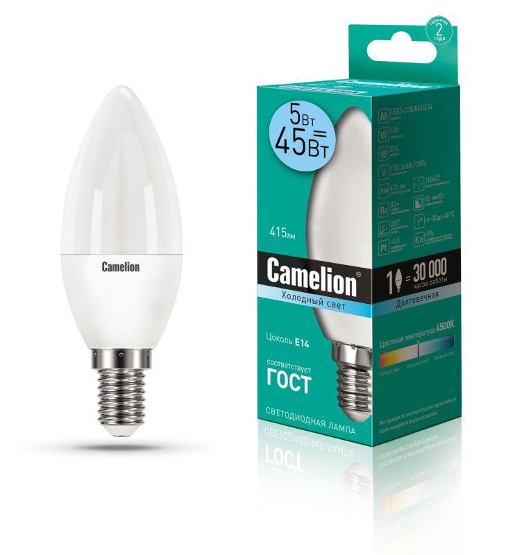 Фото Лампа светодиодная LED5-C35/845/E14 5Вт свеча 4500К бел. E14 405лм 220-240В Camelion 12032