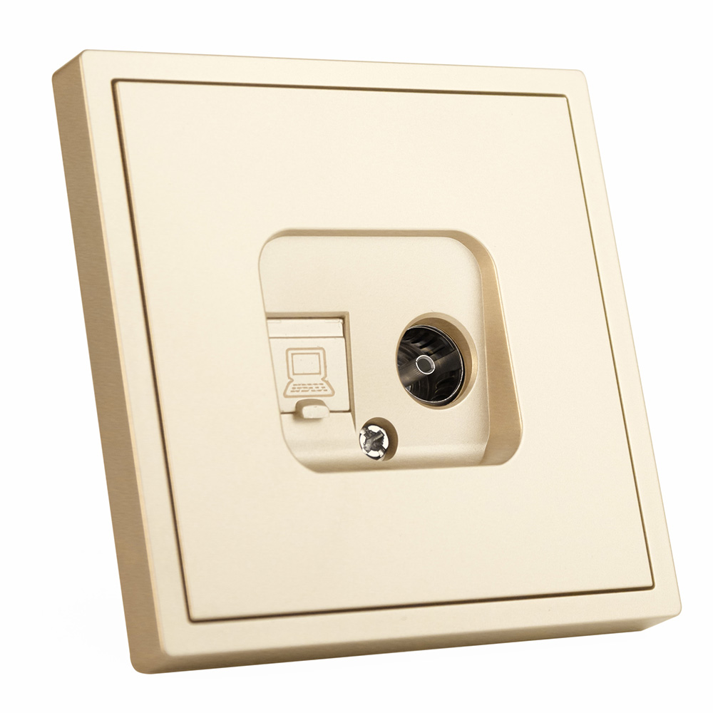 Фото Розетка золотая, 1 пост, TV + RJ (CAT 6) разъем, с тонкой пластиковой рамкой Vell {GD- TV-RJ-Grand}