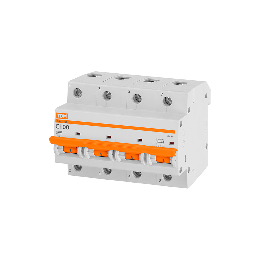 Фото Автоматический выключатель ВА47-100 4P 100А 10кА х-ка С TDM {SQ0207-0088}