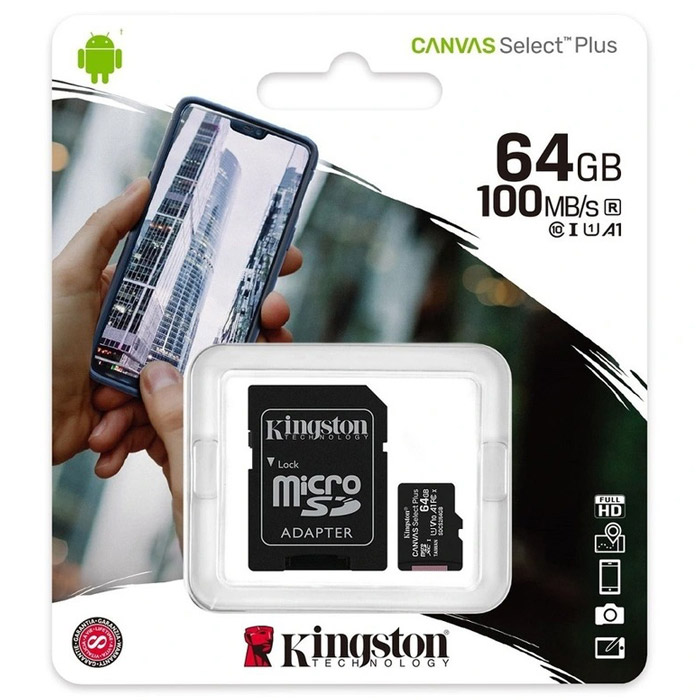 Фото Флеш карта microSD 64GB Kingston microSDXC Class 10 UHS-I U1 Canvas Select Plus (SD адаптер) 100MB/s {SDCS2/64GB}