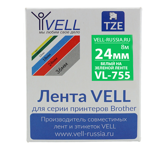 Фото Лента Vell VL-755 (Brother TZE-755, 24 мм, белый на зеленом) для PT D600/2700/P700/P750/ PTE550/9700/P900