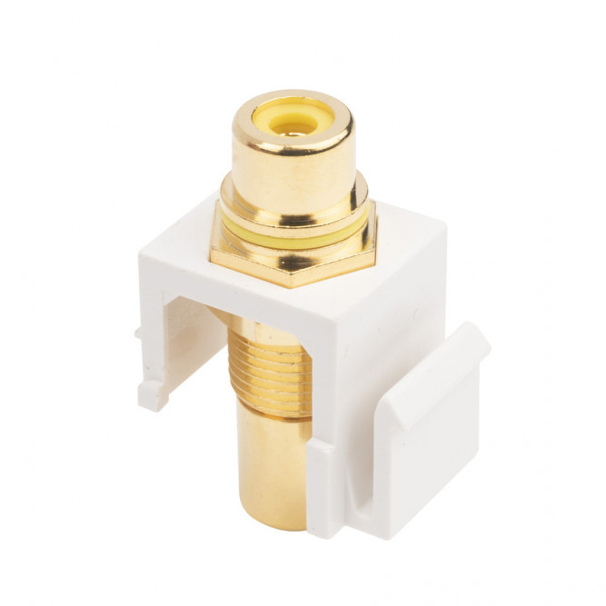 Фото Вставка формата Keystone Jack с проходным адаптером RCA (желтый), Hex. type, gold plated, ROHS, белая KJ1-RCA/YL-HG-WH Hyperline {247063} (3)