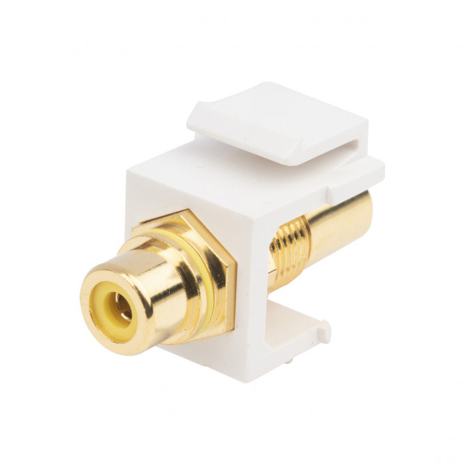 Фото Вставка формата Keystone Jack с проходным адаптером RCA (желтый), Hex. type, gold plated, ROHS, белая KJ1-RCA/YL-HG-WH Hyperline {247063}