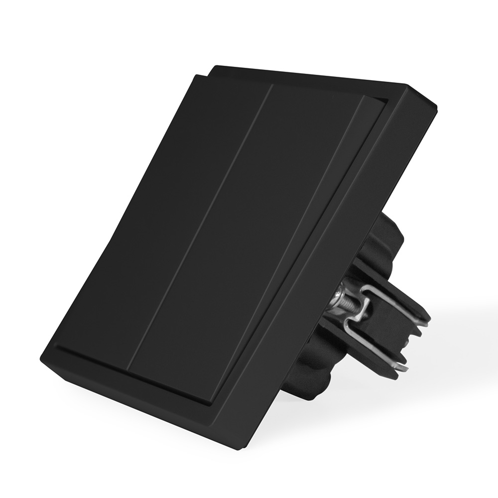 Фото Выключатель черный, двухклавишный, 1 пост, с тонкой пластиковой рамкой Vell {BK1P-2L-Grand}