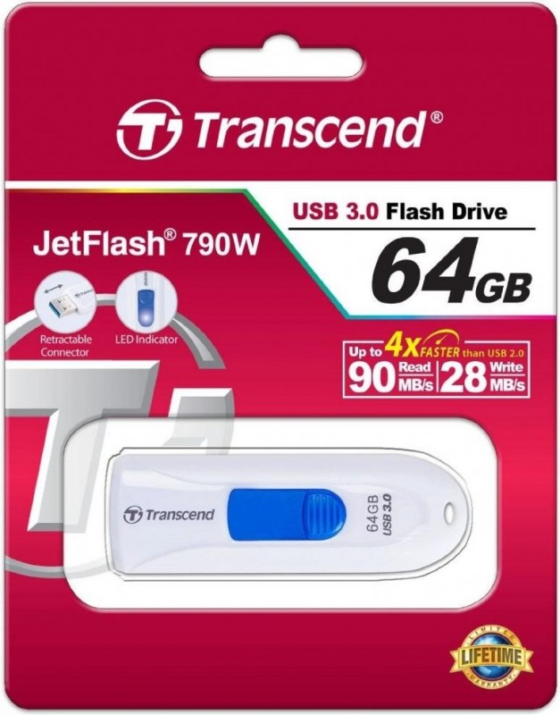 Фото Флеш накопитель 64GB Transcend JetFlash 790, USB 3.1, белый/синий {TS64GJF790W} (1)