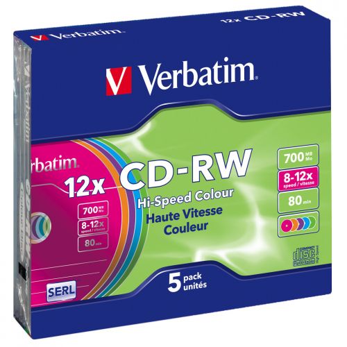 Фото Диск CD-RW Verbatim 700 Mb, 12x, Slim Case (5), Color (5/100) {43167}