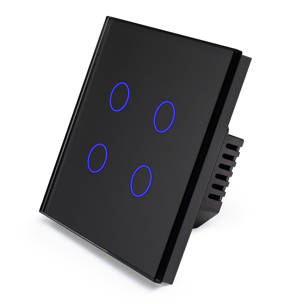 Фото Сенсорный выключатель с нулем, черный, четырехклавишный, 1 пост, с Wi-Fi, с Алисой, стеклянная панель Vell {BK1P-4G-S} (1)
