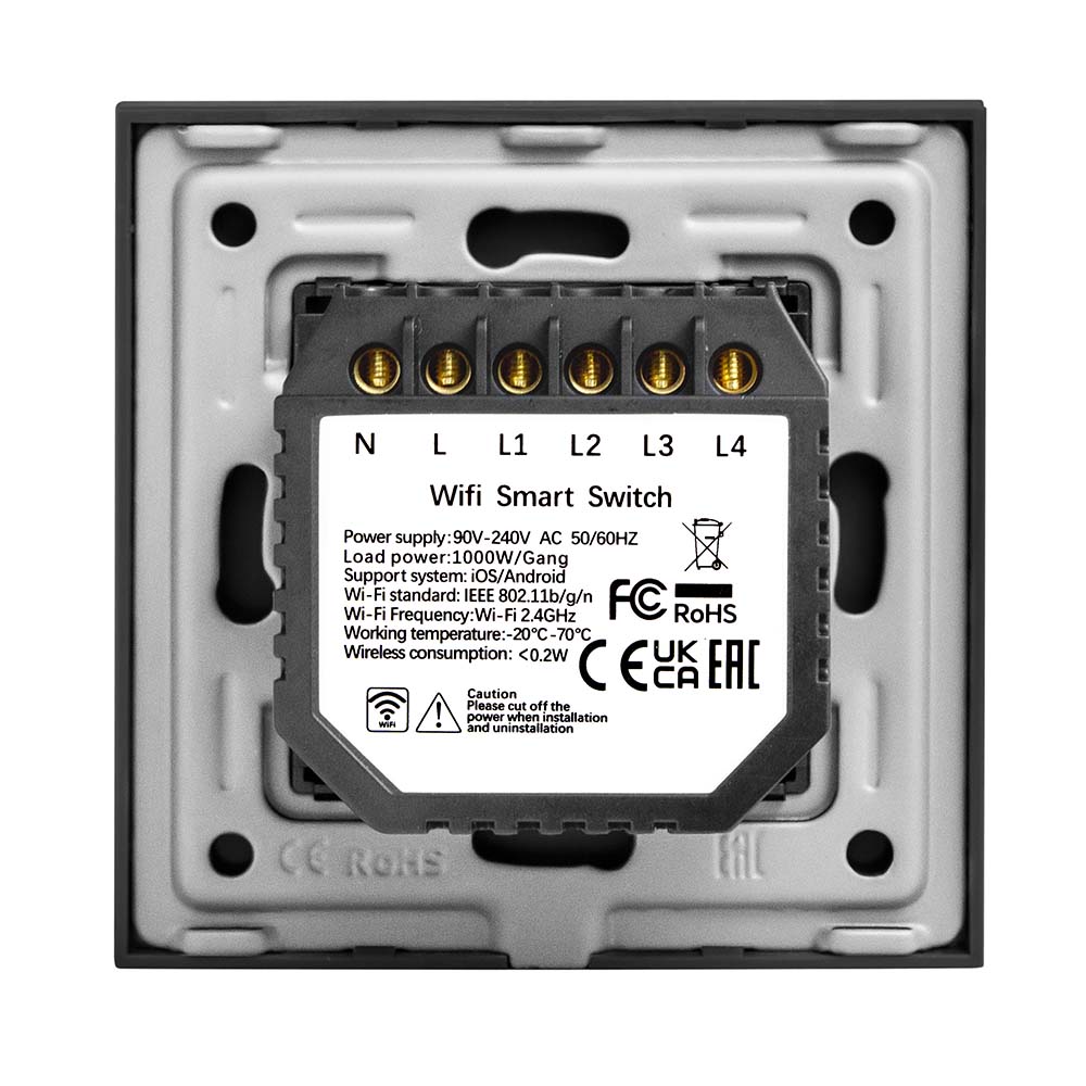 Фото Сенсорный выключатель с нулем, черный, четырехклавишный, 1 пост, с Wi-Fi, с Алисой, стеклянная панель Vell {BK1P-4G-S} (2)