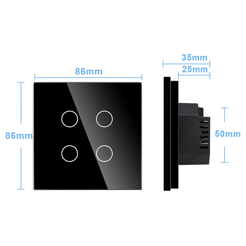 Фото Сенсорный выключатель с нулем, черный, четырехклавишный, 1 пост, с Wi-Fi, с Алисой, стеклянная панель Vell {BK1P-4G-S} (4)