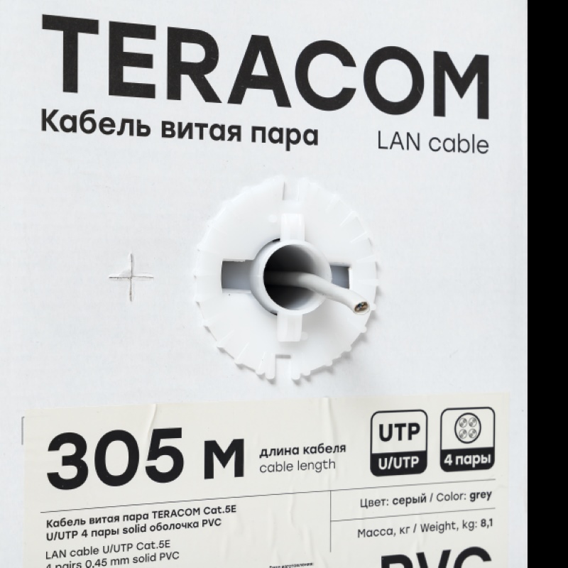 Фото Кабель витая пара U/UTP кат.5E 4 пары solid PVC сер. TERACOM EKF TRC-5EUTP-04PVC-GY-IN3 (2)