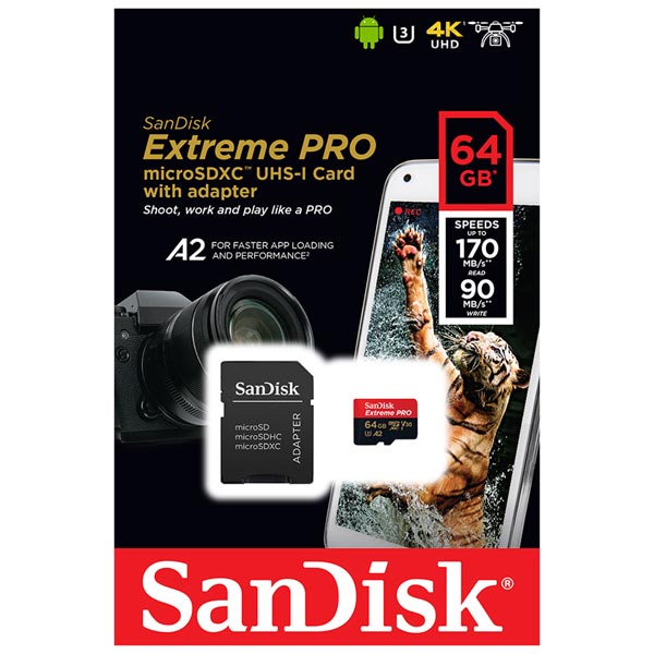 Фото Флеш карта microSD 64GB SanDisk microSDXC Class 10 UHS-I A2 C10 V30 U3 Extreme Plus (SD адаптер) 170 {SDSQXBZ-064G-GN6MA}