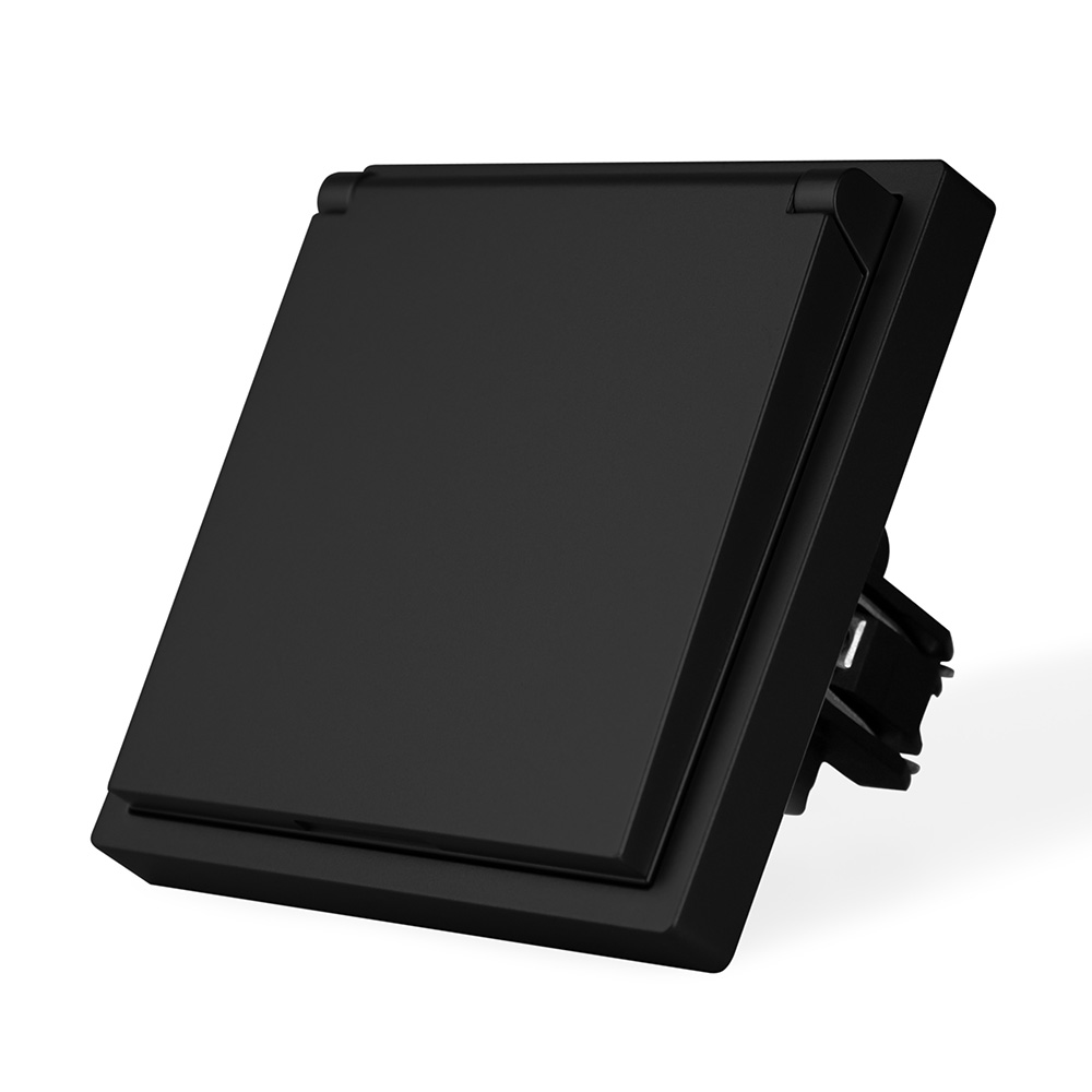 Фото Розетка черная, электрическая с защитной крышкой, 1 пост, с тонкой пластиковой рамкой Vell {BK-EUW-Grand} (3)