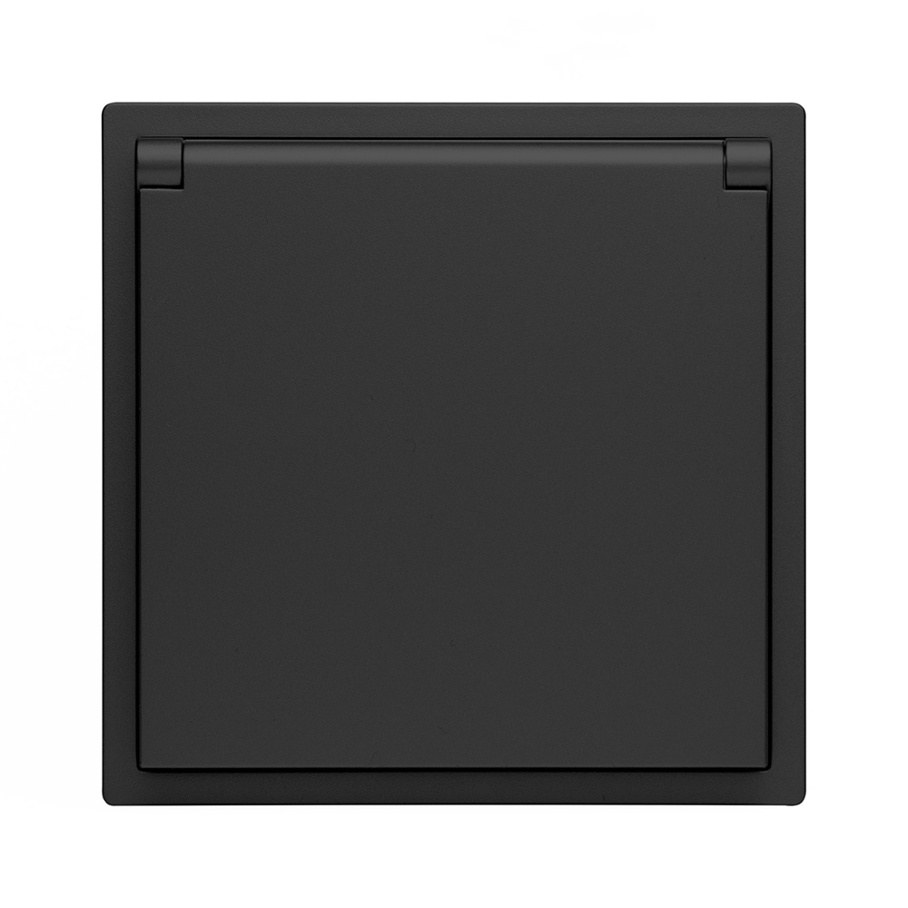 Фото Розетка черная, электрическая с защитной крышкой, 1 пост, с тонкой пластиковой рамкой Vell {BK-EUW-Grand} (4)