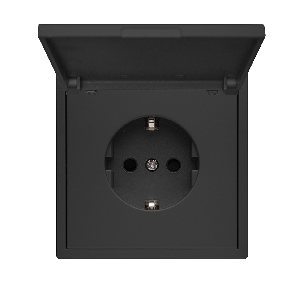 Фото Розетка черная, электрическая с защитной крышкой, 1 пост, с тонкой пластиковой рамкой Vell {BK-EUW-Grand} (5)