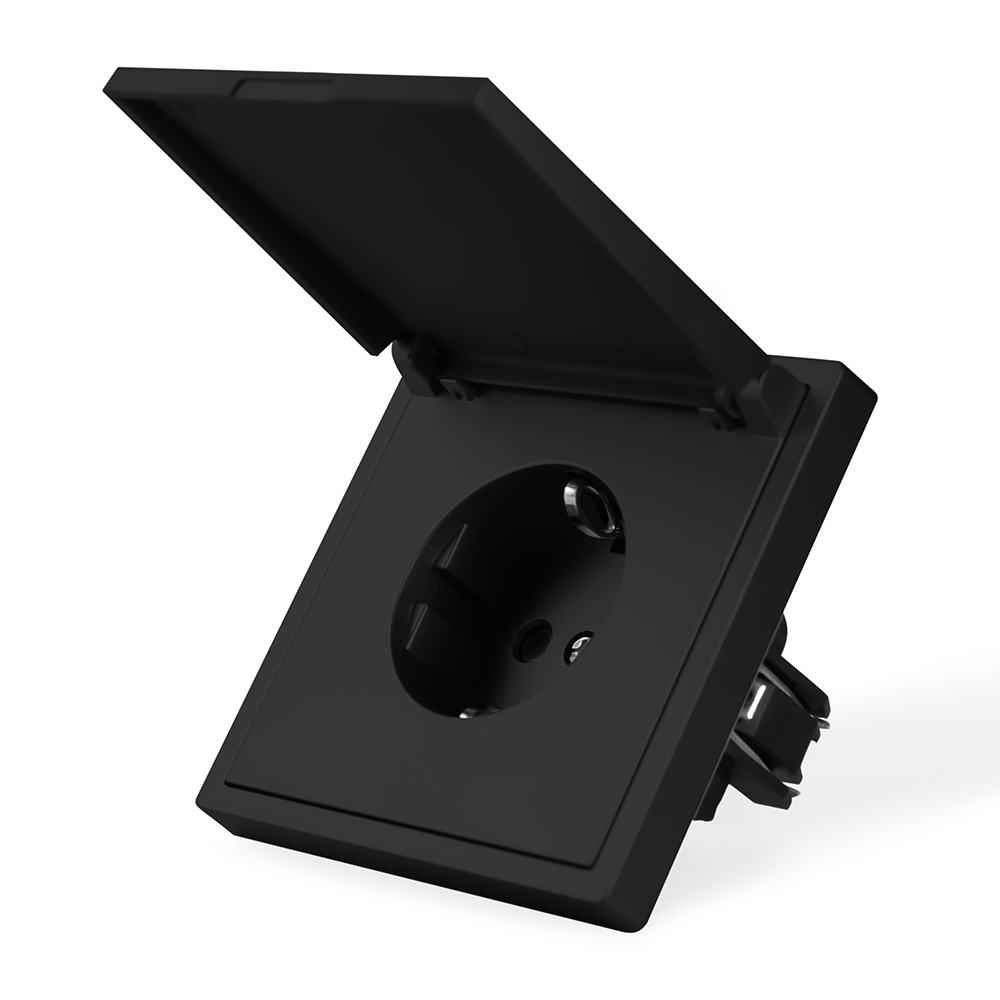 Фото Розетка черная, электрическая с защитной крышкой, 1 пост, с тонкой пластиковой рамкой Vell {BK-EUW-Grand}