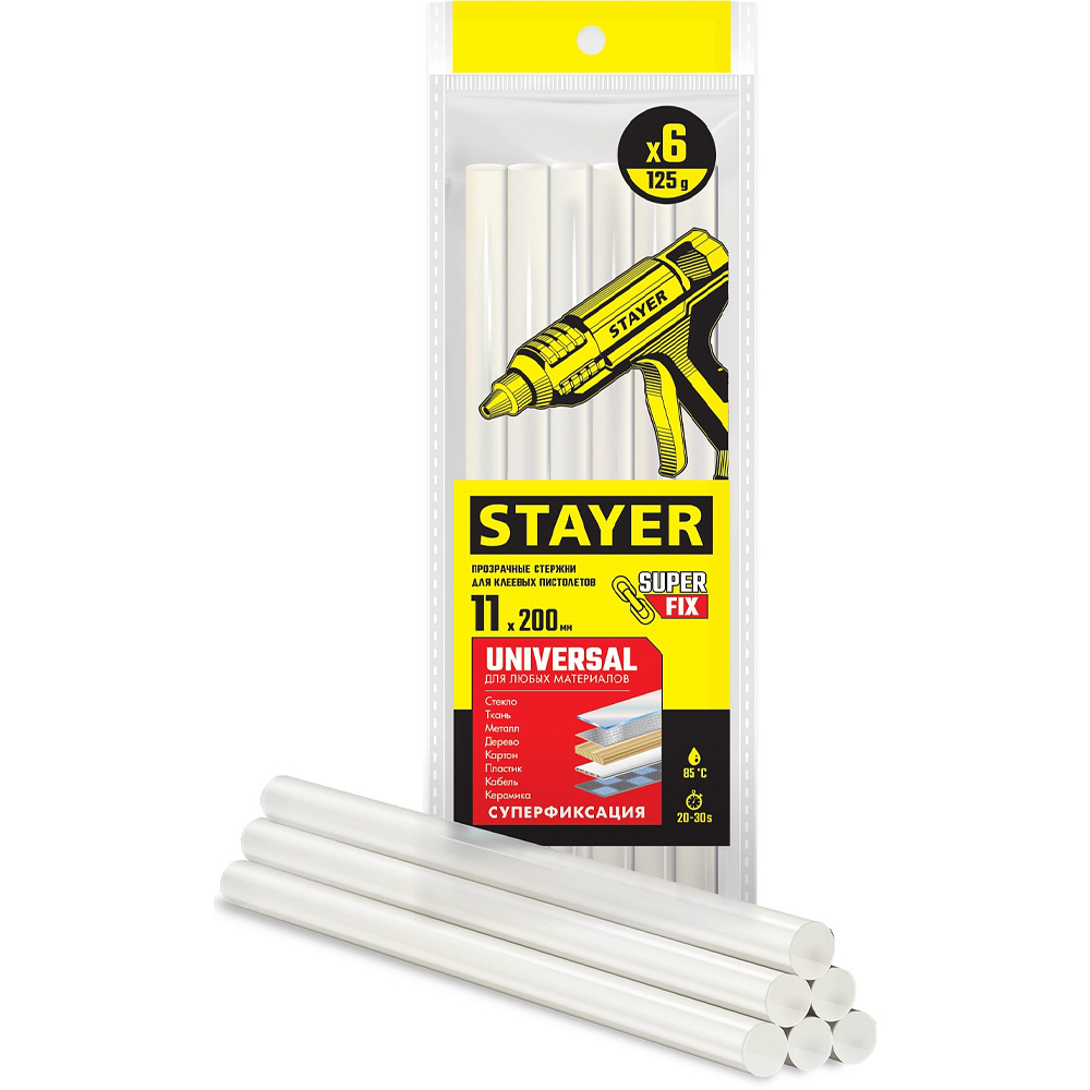 Фото Стержни STAYER "MASTER" для клеевых (термоклеящих) пистолетов, прозрачные по стеклу и пластику, 11х200мм, 6шт {2-06821-T-S06}