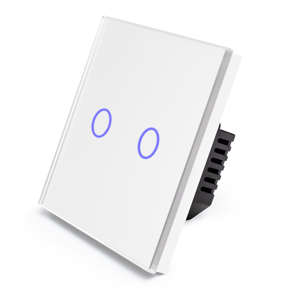 Фото Сенсорный выключатель с нулем, белый, двухклавишный, 1 пост, с Wi-Fi, с Алисой, стеклянная панель Vell {WH1P-2G-S} (1)