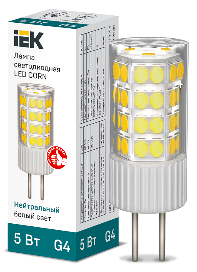 Фото IEK Лампа LED CORN капсула 5Вт 230В 4000К керамика G4 {LLE-CORN-5-230-40-G4}