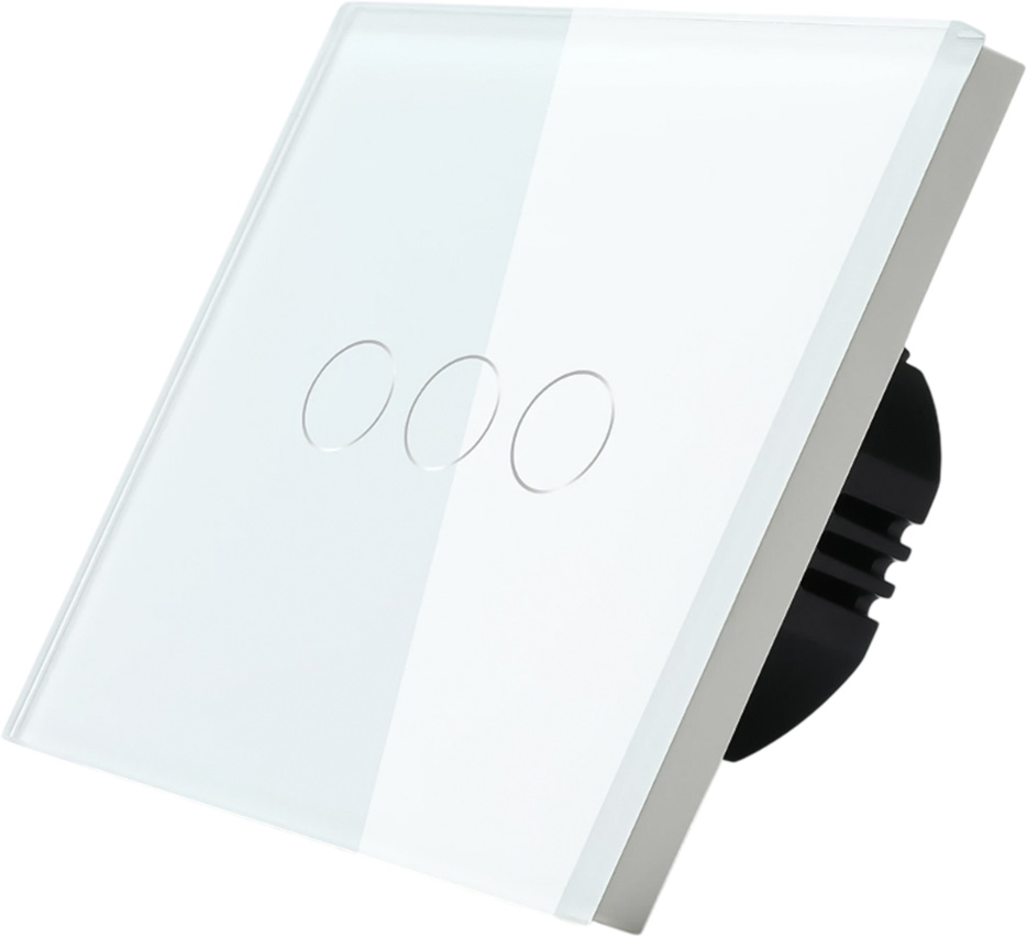 Фото Сенсорный выключатель белый, трехклавишный, 1 пост, стеклянная панель Vell {WH1P-3G}