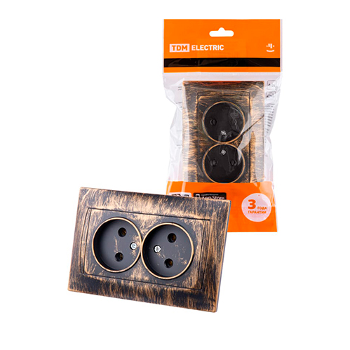 Фото Розетка двойная 2П 10А 250В старинная бронза "Лама" TDM {SQ1815-0765} (2)