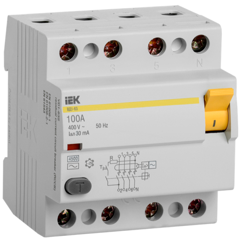 Фото Выключатель дифференциального тока (УЗО) 4п 100А 30мА тип AC ВД1-63 IEK MDV10-4-100-030