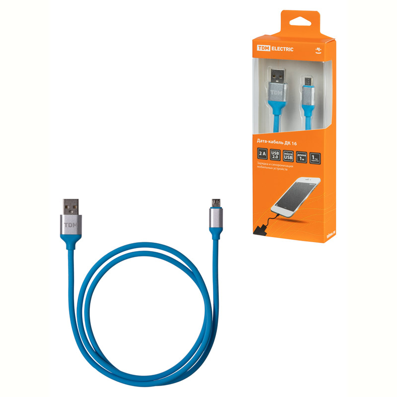 Фото Дата-кабель, ДК 16, USB - micro USB, 1 м, силиконовая оплетка, голубой, TDM {SQ1810-0316}