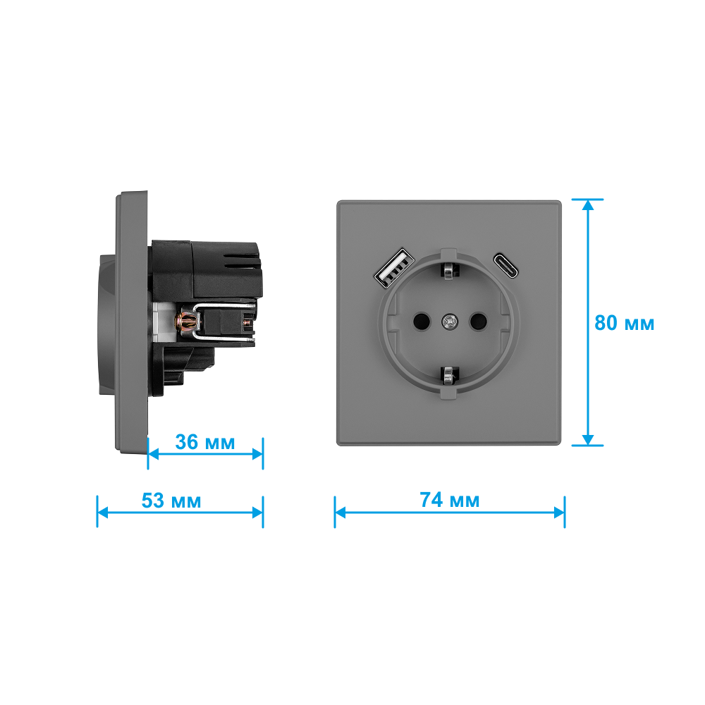 Фото Розетка электрическая, серая, 1 пост, USB-A, USB-С, с рамкой Vell Air {V702087} (4)