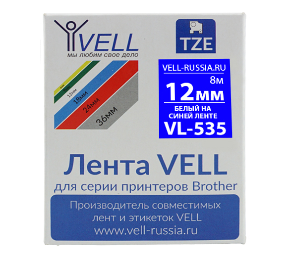 Фото Лента Vell VL-535 (Brother TZE-535, 12 мм, белый на синем) для PT 1010/1280/D200/H105/E100/ D600/E300/2700/ P700/E550/9700