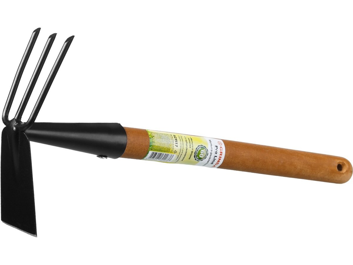 Фото Мотыга-рыхлитель "PROLine", лопатка+3 зуба с деревянной ручкой, GRINDA 421517, 113х100х575мм
