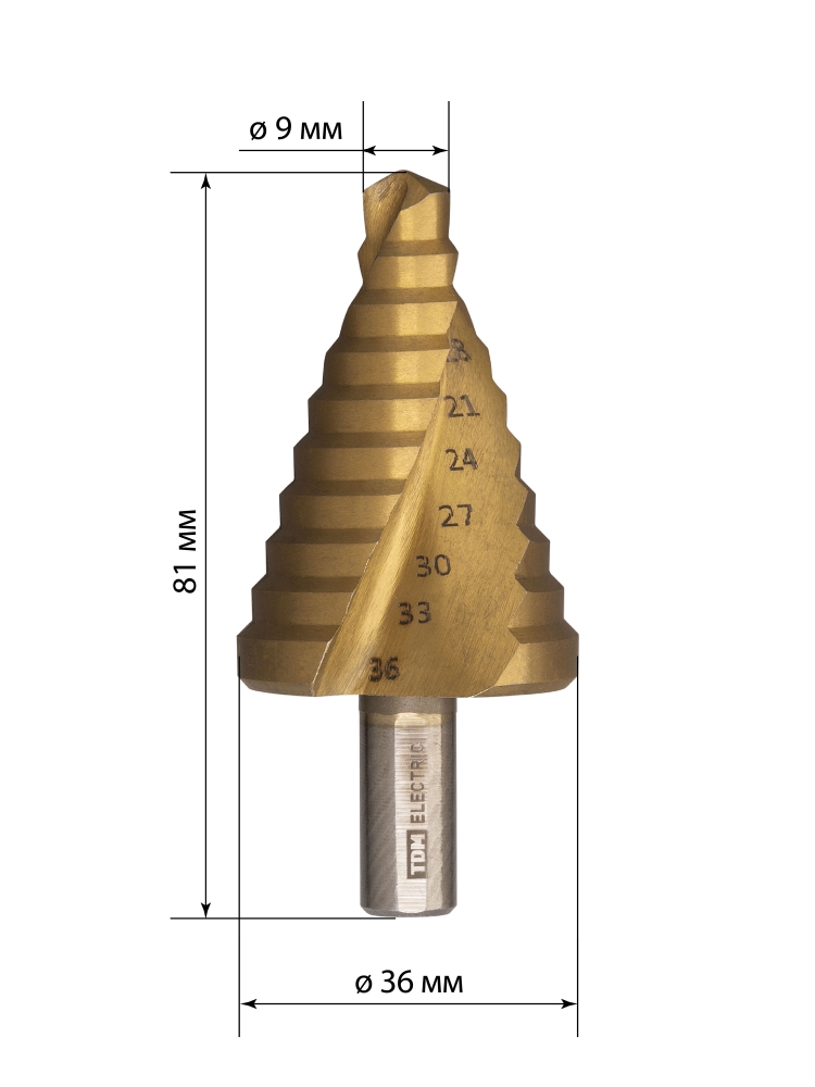 Фото Сверло по металлу ступенчатое, 9-36 мм, 10 ступеней, нитрид., HSS, цилиндр. хв., "Рубин" TDM {SQ1090-0719} (5)
