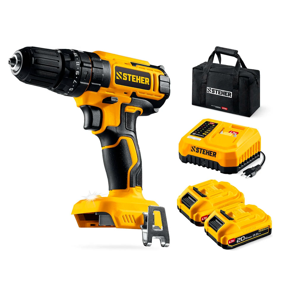 Фото Ударная дрель-шуруповерт, 40 Н·м, 2 АКБ LMS {2 А·ч}, 20 В, сумка, STEHER {CDS-40-22} (1)