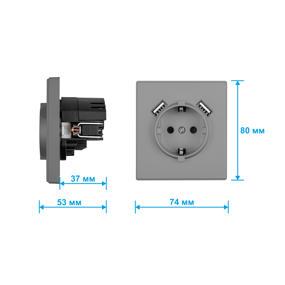 Фото Розетка электрическая, серая, 1 пост, USB-A, USB-A, с рамкой Vell Air {V702083} (4)