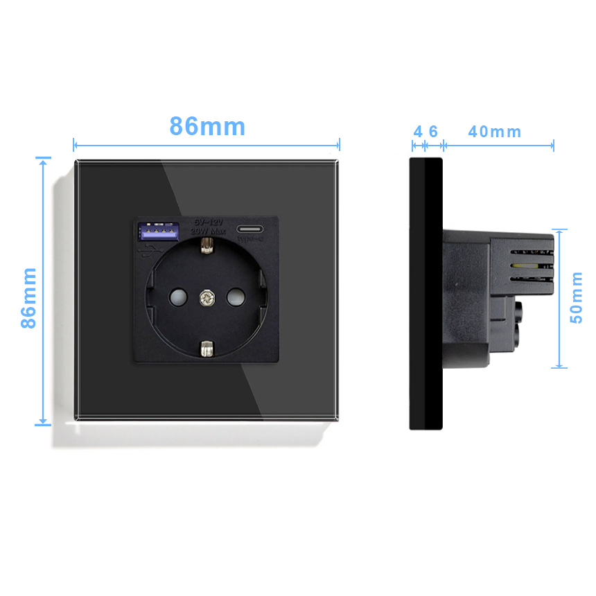 Фото Розетка электрическая, черная, 1 пост, USB-A, USB-C, быстрая зарядка, стеклянная рамка Vell {BK1P-EUACF} (2)