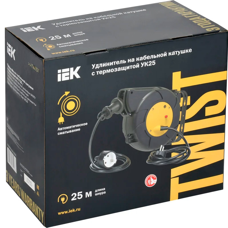 Фото Удлинитель на катушке TWIST 1х25м с заземл. автосмотка 16А IP20 ПВС 3х1.5 IEK TW-KP27-16-01-25-02 (1)