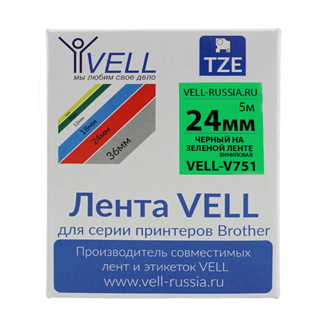 Фото Лента виниловая Vell V-751 (24 мм, черный на зеленом) для PT D600/2700/P700/P750/ PTE550/9700/P900 {Vell-V751}