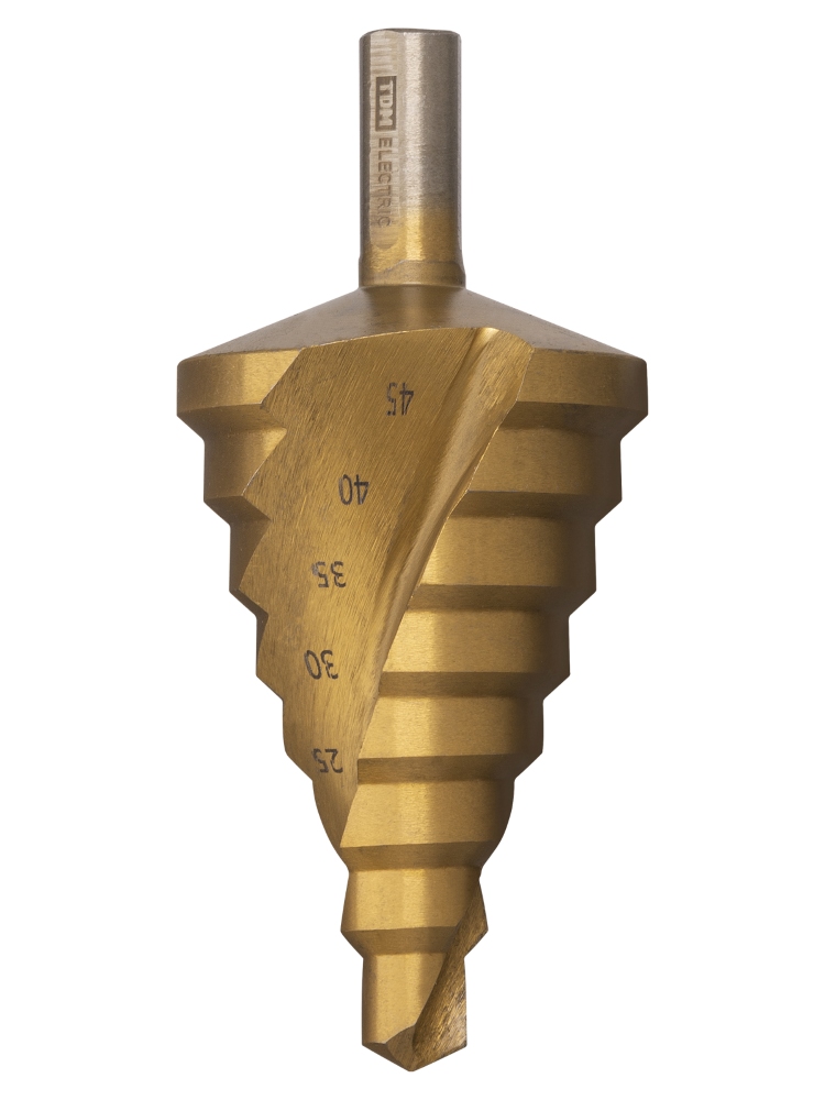 Фото Сверло по металлу ступенчатое, 10-45 мм, 8 ступеней, нитрид., HSS, цилиндр. хв., "Рубин" TDM {SQ1090-0721} (2)