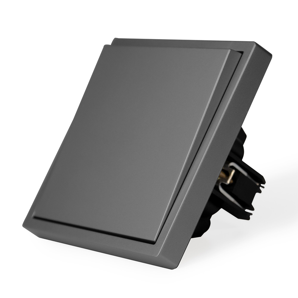 Фото Выключатель серый, одноклавишный, 1 пост, с тонкой пластиковой рамкой Vell {GY1P-1L-Grand}