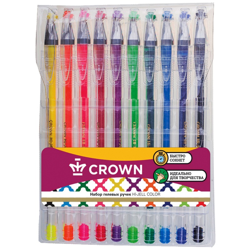 Фото Набор гелевых ручек Crown "Hi-Jell Color" 10 шт., 10 цв., ПВХ уп., европодвес HJR-500SET/10 {001991} (1)