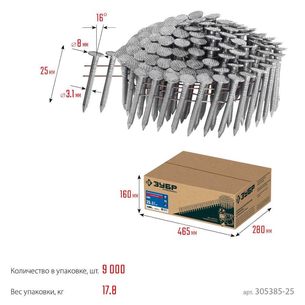 Фото Барабанные гвозди кровельные оцинкованные ЗУБР CRN 25 х 3.1 мм, 9000 шт {305385-25} (2)